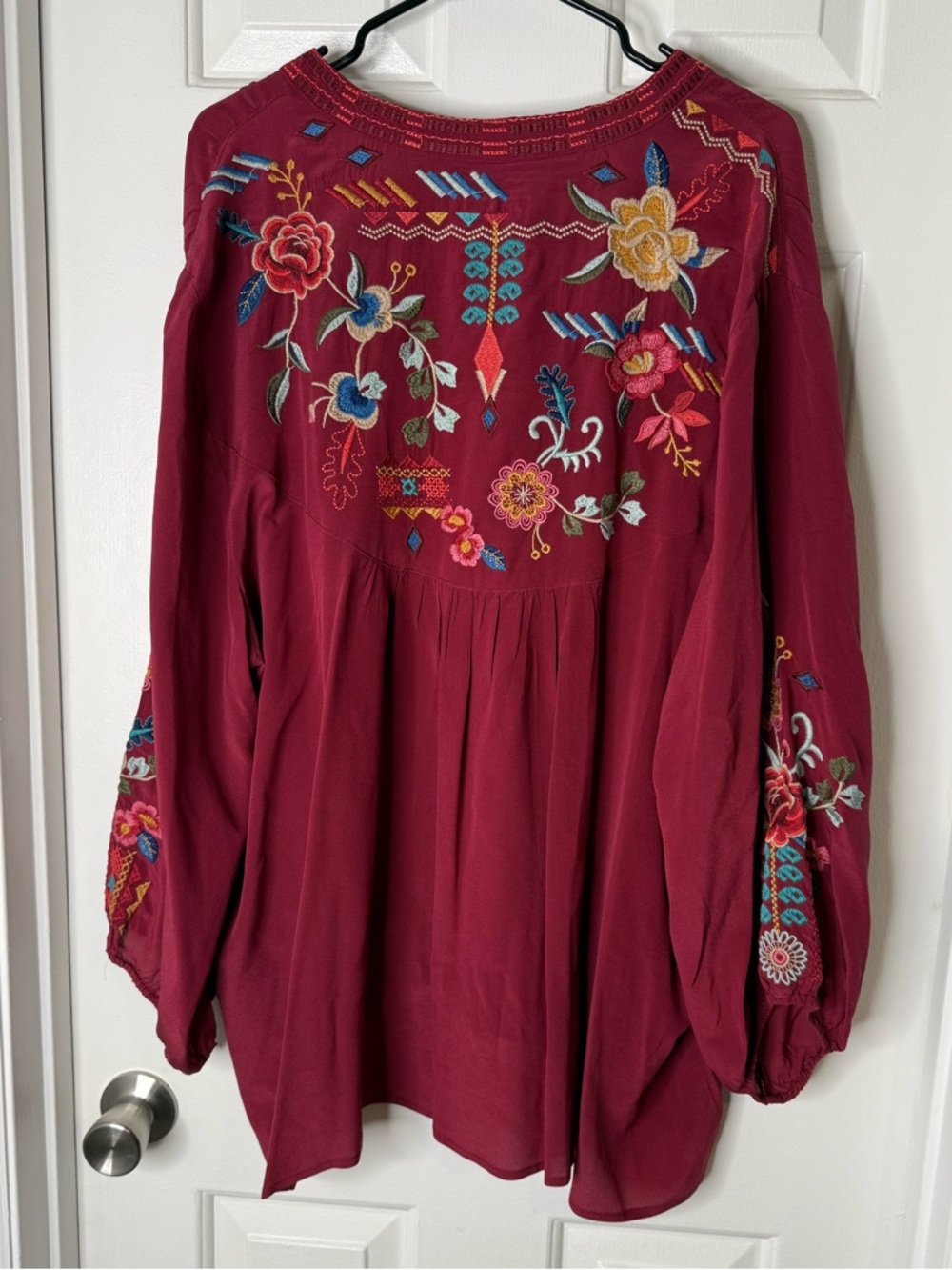Johnny Was Burgundy Embroidered V-Neck Boho Tunic - Picture 5 of 5